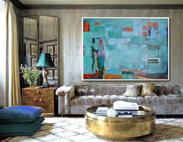 Large Abstract Art Handmade Oil Painting,Oversized Horizontal Contemporary Art,Hand-Painted Contemporary Art,Light Green,Orange,Purple.etc